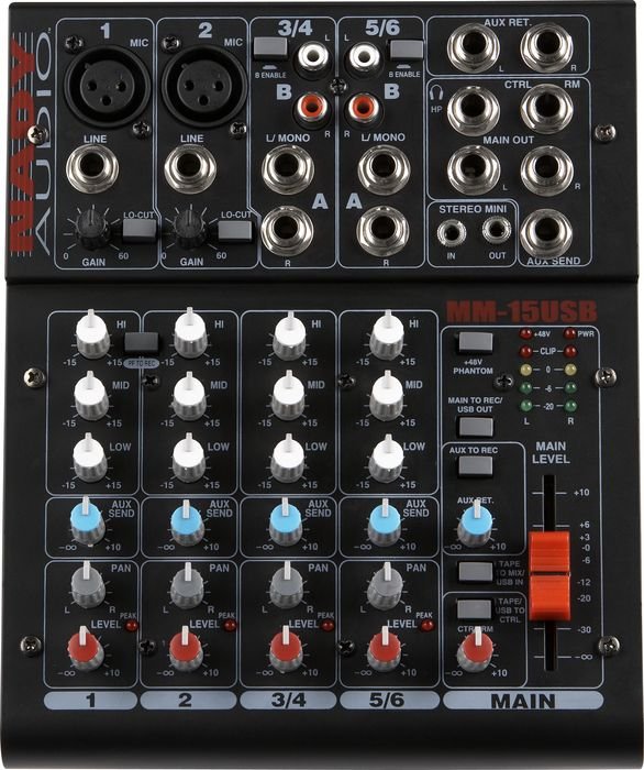 NADY MM15USB Микшерный пульт, 2 моно входа XLR/TRS Jack с микр. преампами, 2 стерео входа RCA/TRS Jack, 2 входа 1/8" mini Jack, S/PDIF Optical вход, Main и Monitor стерео выходы, S/PDIF Coax выход, на кажд. канале 3-х полосный EQ, AUX Send, Pan, USB 1.0 и