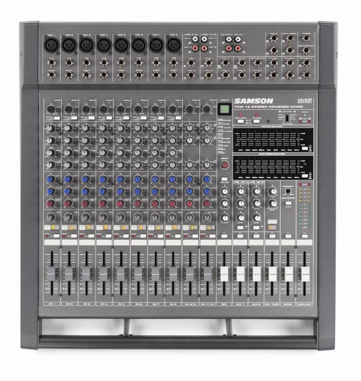 SAMSON TXM16 Активный микшер, 8 моно/2 стерео входов, 2х500W/4 ом, встроенный ревербератор 100 прогр. 24 бит, 2х9 полосный эквалайзер мастер секции, 3 aux, моно выход на саббуффер