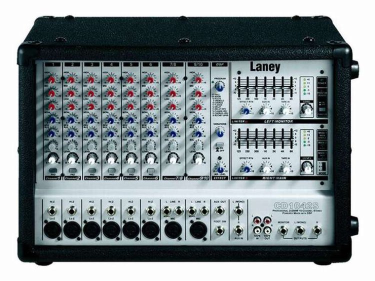 LANEY CD1042S Активный пульт, усилитель 2 x 200 Вт RMS @ 4 ом, микшер 8 каналов, DSP (64 программы), двойной 7-пол. графический эквалайзер