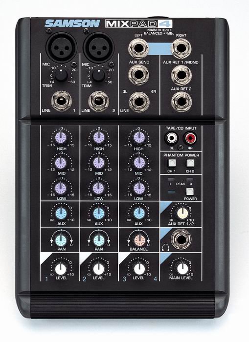 SAMSON MIXPAD 4 Микшерный пульт 2 моно/ 1 стерео вход/ 2 Aux/питание от батарейки