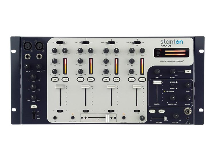 STANTON RM406 4-х канальный рэковый 5U микшер, для клубных/мобильных DJs, SST технология, 10 линейных / 4 phono входов, 3 микрофонных входа (2XLR/1Jack) с 3-х полосным EQ на каждом входе, вход miniJack для iPod, FX посыл/возврат