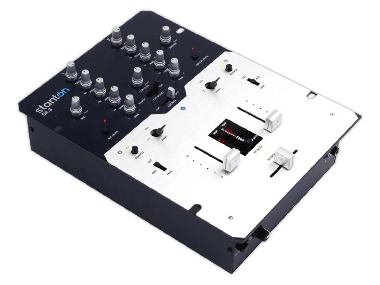 STANTON SA3 2-х канальный настольный DJ микшер, входы: 2 линейных, 2 phono, 1 микрофонный вход, регулятор уровня сигнала, панорамы и 3-х полосный EQ на каждом канале, Cue Pan, Cue Select, мастер выходы TRS Jack, 2 выхода для наушников