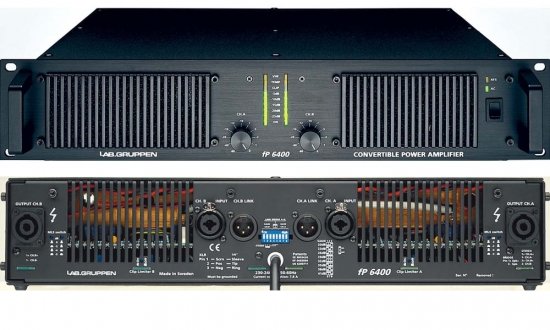 LAB GRUPPEN FP 6400 Усилитель мощности, 2 канала. Макс.вых.мощность: 2x1300Вт (8Ом),2x2300Вт (4Ом), 2x3200Вт (2Ом). Подключение: Speakon. Высота 2U. Вес 10кг.