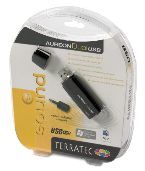 TERRATEC SOUND SYSTEM AUREON DUAL USB Внешняя звуковая карта  USB 2.0,  ультракомпактная (в виде USB flash) . микрофонный вход (3.5 mm jack ), аналоговый стерео выход  (3.5 mm jack ), цифровой выход (оптика  3.5 mm jack ) ОС: Win98 SE / Win ME / Win 2000