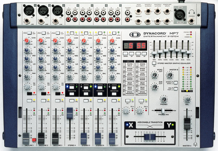 DYNACORD MP 7 DJ, микшерный пульт со встроенным усилителем мощности, 2х300 Вт, 3 мик/лин, 4 стерео входа